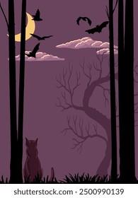 vector drawing night forest landscape with trees and plants silhouettes, moon, sitting cat and flying bats, hand drawn illustration, halloween background