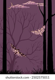 vector drawing night forest landscape with trees and plants silhouettes, moon and flying butterflies, hand drawn illustration, halloween background