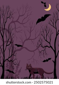 vector drawing night forest landscape with trees and plants silhouettes, moon, cat and flying bats, hand drawn illustration, halloween background