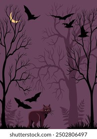 vector drawing night forest landscape with trees and plants silhouettes, moon, cat and flying bats, hand drawn illustration, halloween background