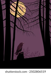 vector drawing night forest landscape with fir trees and plants silhouettes, moon and sitting raven bird, hand drawn illustration, halloween background