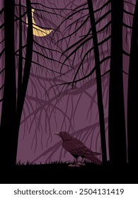 vector drawing night forest landscape with fir trees and plants silhouettes, moon and sitting raven bird, hand drawn illustration, halloween background