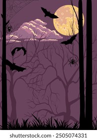 Vector que dibuja el paisaje del bosque de la noche con las siluetas de los árboles y de las plantas, luna y murciélagos voladores, ilustración dibujada a mano, fondo de Halloween