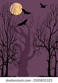 vector drawing night forest landscape with trees and plants silhouettes, moon and flying bats, hand drawn illustration, halloween background