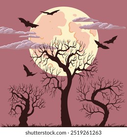 vector drawing night forest landscape with trees silhouettes, moon and flying bats, hand drawn illustration, Halloween background