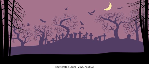 vector drawing night forest landscape with cemetery, trees silhouettes, moon and flying bats, hand drawn illustration, Halloween background