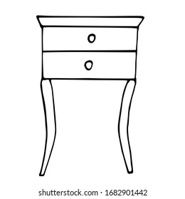 Vector drawing of a nightstand with two drawers on high legs. Sketch style. A linear pattern. Black and white doodles Isolated on a white background. Modern furniture for bedroom, study, living room.