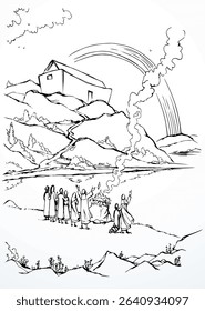 Vector drawing. Noah Offers a Sacrifice to God