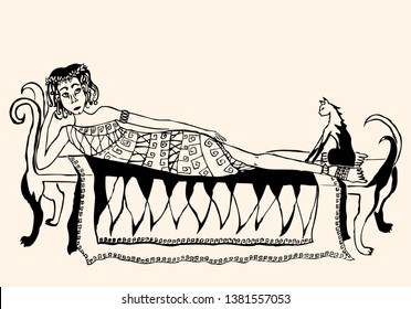 Vector drawing of a noble lady resting with her cat