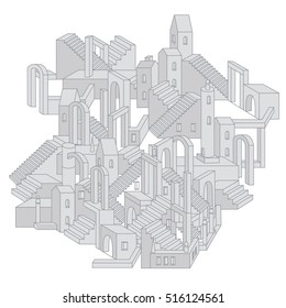 Vector drawing of a non-existent unreal city maze as geometric structure, architecture style in shape of labyrinth. city scene with buildings in vector. Flyer or banner element with modern graphic.