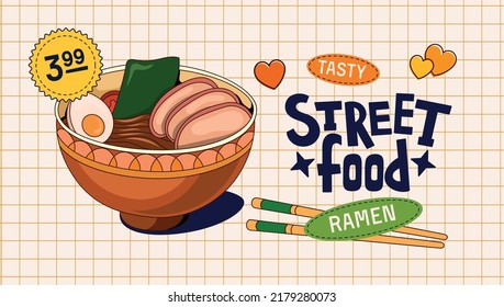 Vector drawing noodles in bright colors on a light background. Text block with sticker in retro style. Freehand drawings on the background.