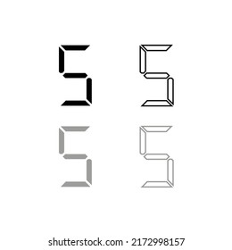 Vector drawing "number five" silhouette and contour . Electronic digit color black and gray flat style