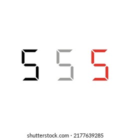 Vector drawing "number five" silhouette and contour . Electronic digit color black gray red flat style