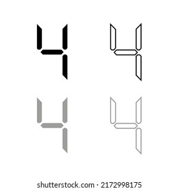 Vector drawing "number four" silhouette and contour. Electronic digit color black and gray flat style
