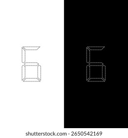 Vector drawing "number six" dotted line. Electronic digit color black and white flat style