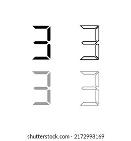 Silueta y contorno de dibujo vectorial "número tres". Color del dígito electrónico negro y gris de estilo plano