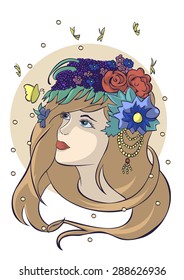 Vector drawing of the nymph with flowers and berries in her hair