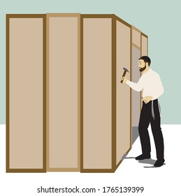 Vector drawing of observant Jew. Sukkah Builder.
The figure holds a hammer and a nail. standing next to a wooden wall.
The man has a beard, and a white shirt, a jewish headcover - kipah, and tzitzit