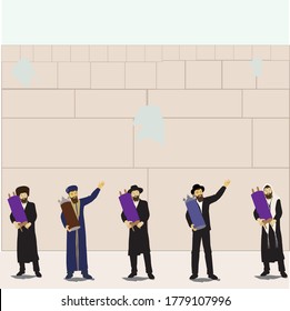 Vector Drawing Of Observant Jews And Rabbis, Ashkenazis And Sephardim Dressed In Authentic Jewish Clothes Holding Closed Torah Scrolls And Dancing.  The Background Is The Western Wall In Jerusalem