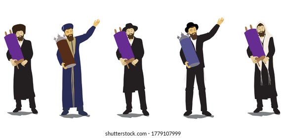 Vector drawing of observant Jews and rabbis, Ashkenazis and Sephardim dressed in authentic Jewish clothes holding closed Torah scrolls and dancing.