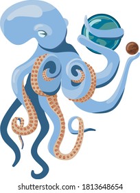 vector drawing of an octopus holding the planet Earth