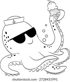 Vector drawing of an octopus wearing sunglasses, a scoop of ice cream, a cone, and a boat hat, line drawing.