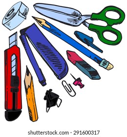 vector drawing office ACCESSORIES: Pencil, Eraser, clip, scissors, knife, tape, stapler
