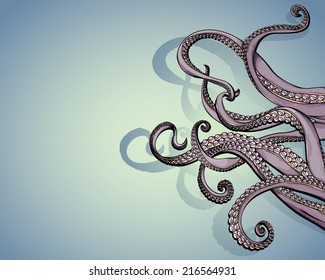 Vector drawing of/Tentacles with copy space/Easy to edit layers and groups, tentacles viewable under other tentacles for editing, gradients only used in the background layer.