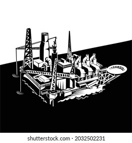 vector drawing of oil drilling platform in sea