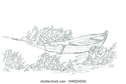 Vector drawing. Old boat on the lake