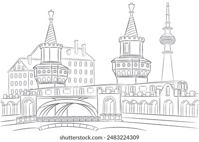 Dibujo de Vector del viejo puente de ladrillo Oberbaum en Berlín aislado sobre un fondo blanco.