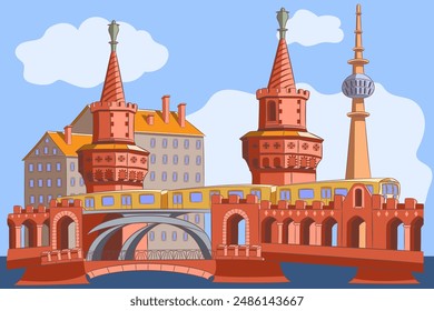 Vector drawing of the old brick Oberbaum bridge with towers in Berlin.