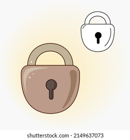 Vector drawing of an old door lock. Vector flat illustration.  Icon, sticker.  Cartoon illustration.  Coloring page.