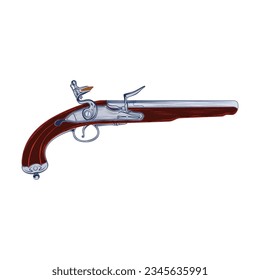 Vector dibujando una vieja pistola de candado. Un antiguo arma pirata. Arma para un duelo. El dibujo para el diseño. Tatuaje negro. Ilustración de color del vector.