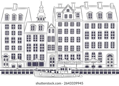 Desenho vetorial de casas antigas no aterro do canal de Nyhavn em Copenhague.