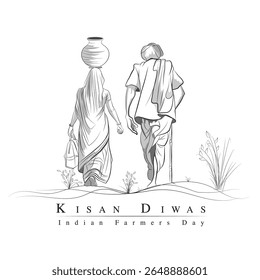 Um desenho vetorial de antigos aldeões indianos, Uma ilustração de esposa e marido, Vetor arte linha de agricultores pobres indianos