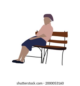 Vector drawing of an old lady sitting on a park bench. Flat image of a woman. City infographics