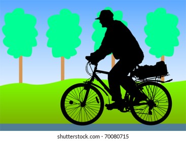 Vector drawing old man on bicycle
