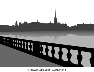 Vector drawing of old town hall on banks of river