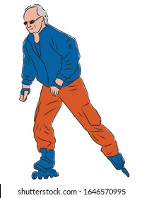 Vector drawing of old townsman roller skating