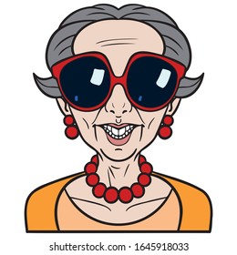 Vector drawing of an old woman with big sunglasses who laughs and shows her teeth. orange sweater, red chain and red earrings. gray hair, short hair, illustration, comic, funny.