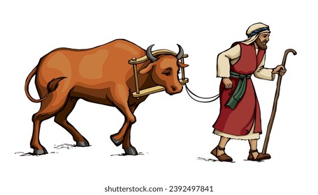 Vector drawing. Old wooden yoke on the cow