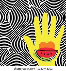 vector drawing on abstract geometric background hand holding watermelon