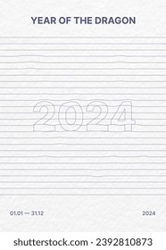 Vector drawing on cardboard. Drawing with 2024 year. Year of the dragon. Poster with the year of the dragon. Calendar for the year of the dragon 