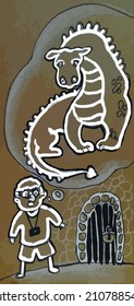 Vector drawing on cardboard with white paint with a black stroke of the man who invented the dragon