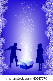 Vector drawing on the theme of Christmas. Children at the boxes with gifts