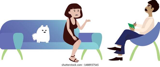 Vector drawing on the theme of the session with a psychologist / veterinarian. A woman with a spitz sits on a sofa and tells a specialist doctor about problems with a dog spitz.