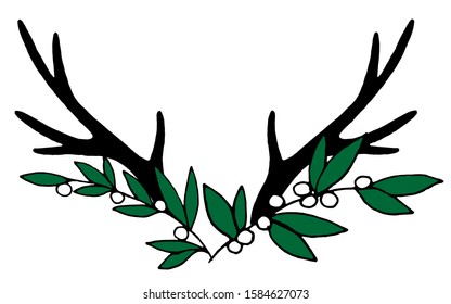 Vector drawing on the theme of the winter holidays (Christmas, New Year) with brown deer horns and sprigs of festive Christmas mistletoe. Elements for print design in the style of a children's drawing