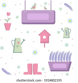 vector drawing on a white background set, set spring has come in lavender, green, pink tones with birds with watering cans and a birdhouse