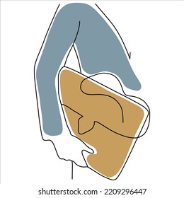 vector drawing with one line of a business person with a briefcase and colored spots.
